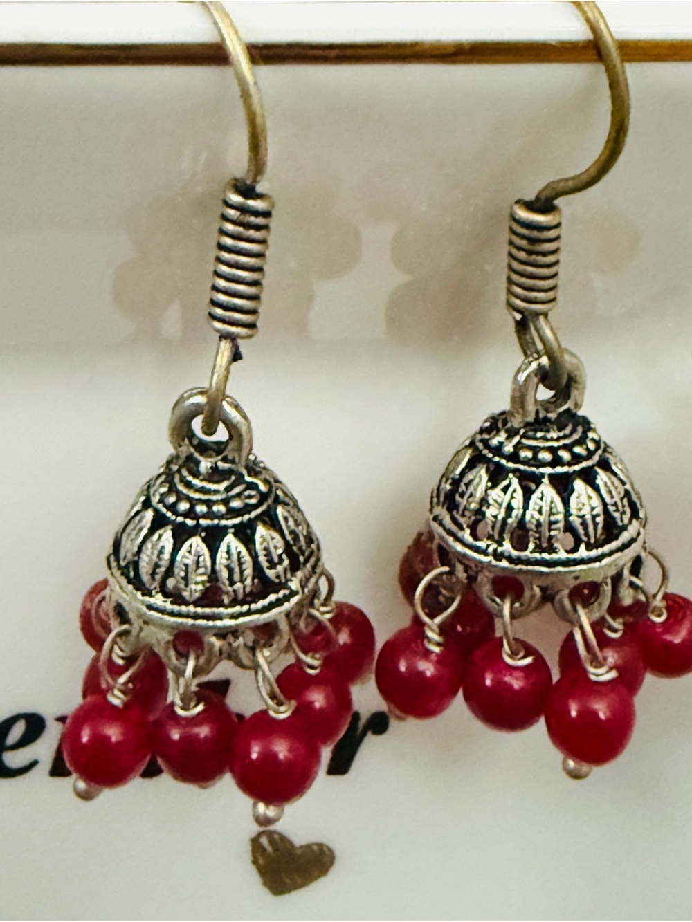 Silver-Tone Red Bead Jhumka Earrings - Women Jewelry